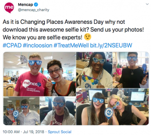 Tweet with montage pictures, each with adults with big smiles wearing blue glasses with Changing Places logo over eyes